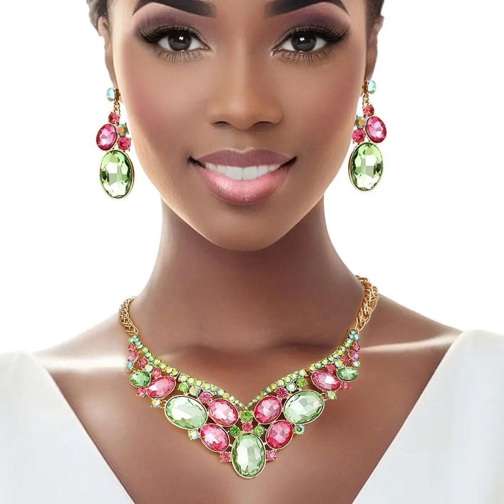 Crystal Necklace Pink Green Collar For Women